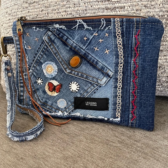 Bohemian Unique One-of-a-Kind Denim Patchwork Clutch with removable wrist handle - Picture 3 of 12